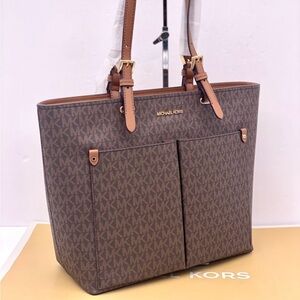 Michael Kors Signature Double Pocket Tote Shoulder Bag Brown